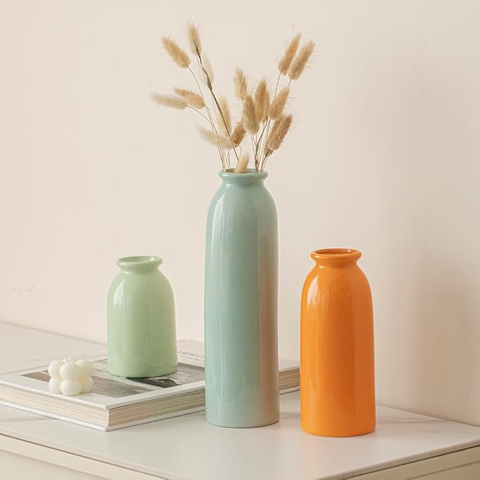 10.4 inches Tall Decorative Ceramic Vase Set, 3 Pieces, Nordic Modern Boho Style, White, for Home Decor (Colorful)