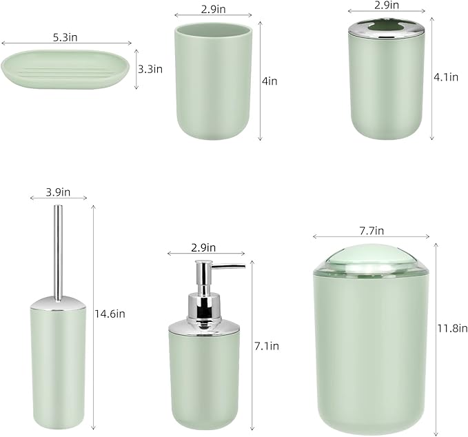 IMAVO Bathroom Accessories Set,Green Bathroom Set,7 Pieces Bathroom Accessory Set,Tray,Toilet Brush,Trash Can for Bathroom Décor and Housewarming Gifts