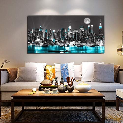 Canvas Wall Art Blue sea New York Paintings Wall Art,Black and White Stretched Wall Art for Bedroom Artwork Canvas Art Prints, 20"x40"Wall Decoration Painting Bedroom Wall Decor Office, Ready to Hang