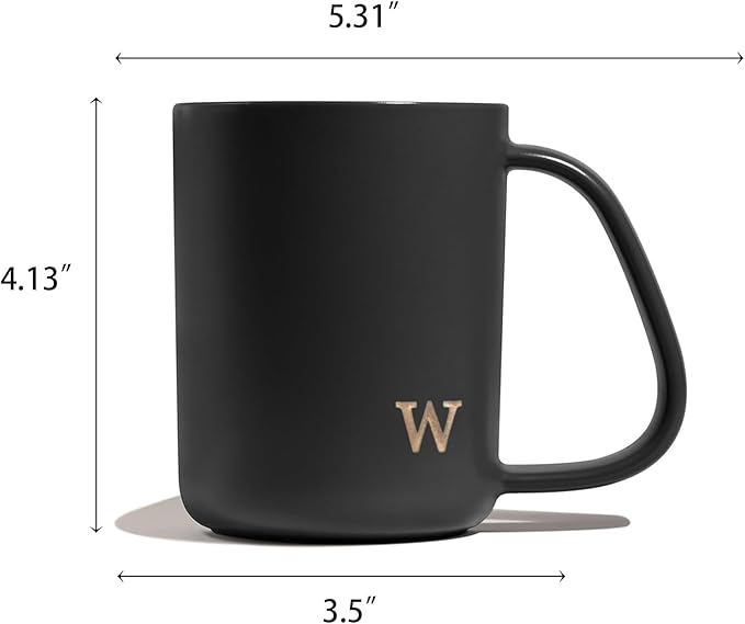 COLLECTIVE HOME - Ergonomic Handle Ceramic Mug, 15 oz Personalized Coffee Cup with Golden Initial, Microwave & Dishwasher Safe, Elegant Monogram Tea Mug in Gift Box for Home & Office (Black-w)