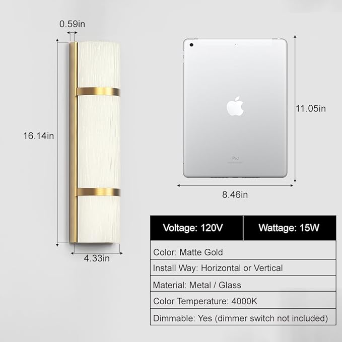 LED Bathroom 16 Inch Vanity Lighting Fixtures | CRI 90 4000K Matte Gold Wall Sconces Set of Two with White Frosted Glass Lamp Shade | 120V 15W 1200LM Dimmable with Dimmer Switch(not Included)