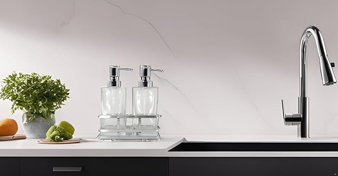 Square Glass Clear Lotion and Soap Pump Dispenser Set with Metal Stand Caddy for Bathroom Bath Kitchen Home Office Travel Hotel Hand Crafted Heavy Weight Chrome