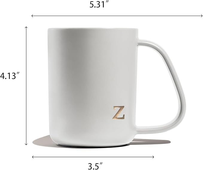 COLLECTIVE HOME - Ergonomic Handle Ceramic Mug, 15 oz Personalized Coffee Cup with Golden Initial, Microwave & Dishwasher Safe, Elegant Monogram Tea Mug in Gift Box for Home & Office (White-z)