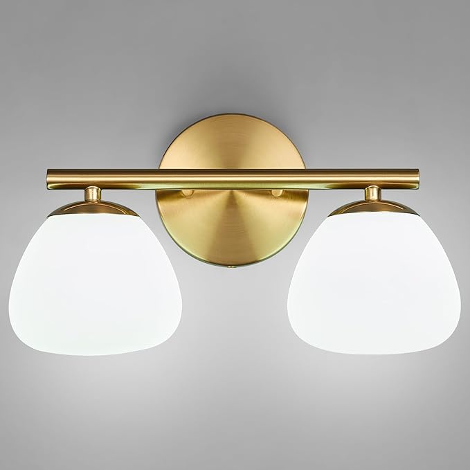 Modern 2 Light Bathroom Vanity Light Gold Vanity Light Bathroom Light Fixtures Over Mirror with Milk Glass Shade Bathroom Vanity Lighting Fixtures