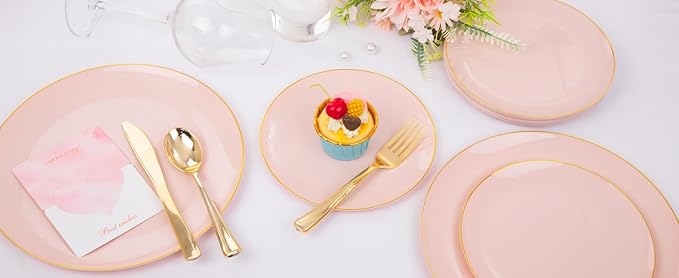 YOUBET 125PCS Pink Plastic Plates - Pink Disposable Plates With Gold Rim - Pinks and Gold Plates Include 25 Dinner Plates, 25 Dessert Plate, 75 Cutlery for Party Wedding Birthday