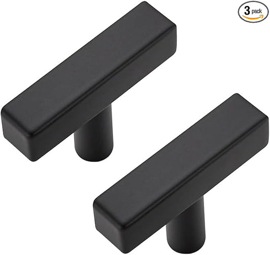 3 Pack Black Cabinet Knobs - Sqaure Bar Cabinet Pulls Matte Black Knobs for Kitchen Drawer Stainless Steel Dresser Pulls for Kitchen Hardware 2in Length Single Hole