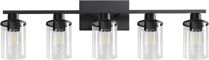 LOUSACE 5 Light Bathroom Vanity Light, Matte Black Bathroom Light Fixtures, Modern Bathroom Lights Over Mirror with Clear Glass Shade, Wall Sconce Lighting for Bedroom Living Room
