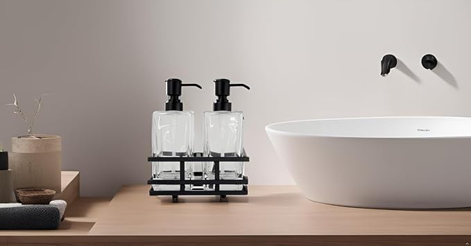Square Glass Clear Lotion and Soap Pump Dispenser Set with Metal Stand Caddy for Bathroom Bath Kitchen Home Office Travel Hotel Hand Crafted Heavy Weight Oil Rubbed Bronze