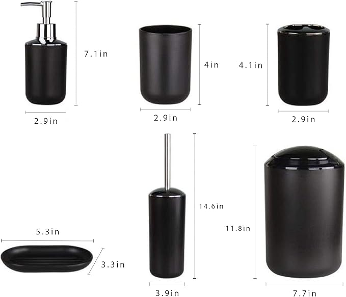 IMAVO Bathroom Accessories Set,Black Bathroom Set,7 Pieces Bathroom Accessory Set,Tray,Toilet Brush,Trash Can for Bathroom Décor and Housewarming Gifts