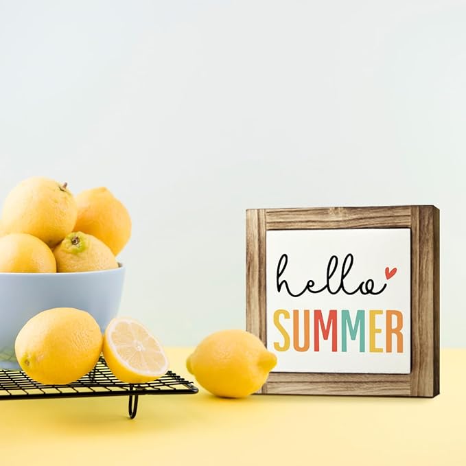 Hello Summer Sign, Wood Box Sign Desk Decor, Front Door Decoration for Shelf, Colorful Summer Decoration Signs for Home, Farmhouse Home Decors, Rustic Tabletop Decor Signs 5.9×5.9inches