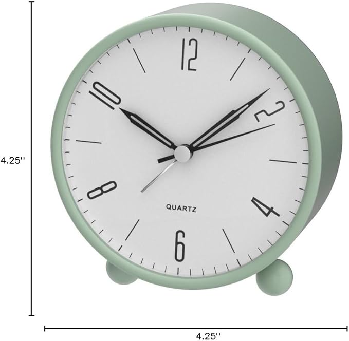 Analog Alarm Clock, 4 inch Super Silent Non Ticking Small Clock with Night Light, Battery Operated, Simple Design, Old Fashioned Style Ideal Decor, for Bedroom, Bedside, Desk, Adult, Kid, Gift, Green