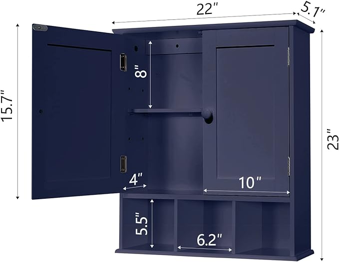 TaoHFE Blue Bathroom Cabinet,Bathroom Wall Cabinet with 2 Door Adjustable Shelves,Over The Toilet Storage Cabinet,Bathroom Cabinet Wall Mounted,Medicine Cabinets Laundry Room Kitchen