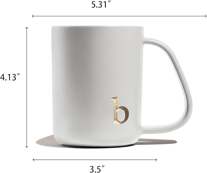 COLLECTIVE HOME - Ergonomic Handle Ceramic Mug, 15 oz Personalized Coffee Cup with Golden Initial, Microwave & Dishwasher Safe, Elegant Monogram Tea Mug in Gift Box for Home & Office (White-b)