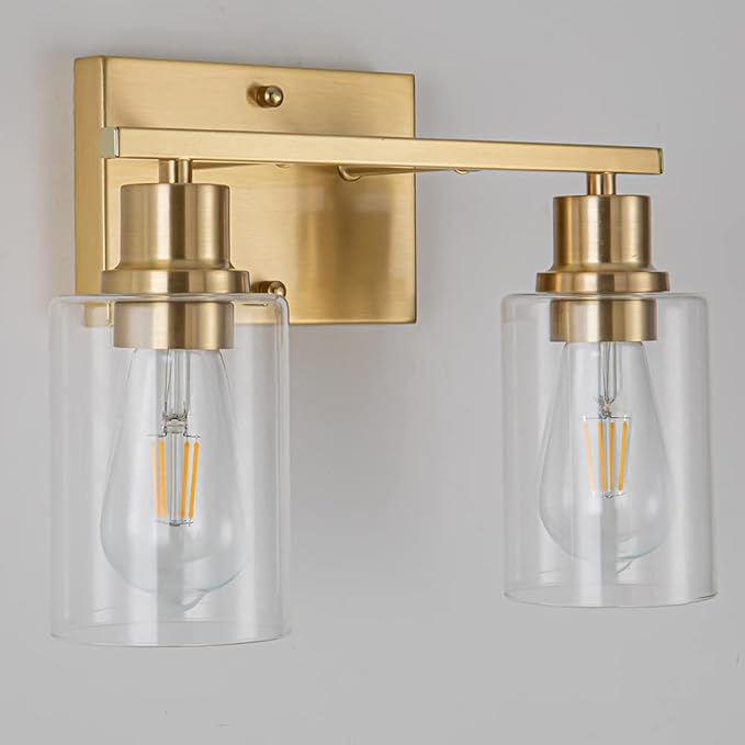 EMONG Gold Bathroom Light Fixtures, 2-Lights Brushed Brass Vanity Light with Clear Glass Shade, Modern Wall Sconces for Hallway, Farmhouse, Living Room
