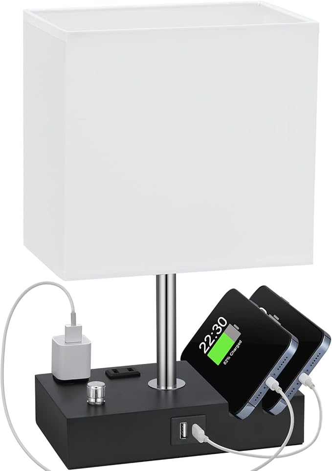 Kakanuo Table Lamp for Bedroom with Dual USB Ports, White Fully Dimmable Bedside Lamp with Phone Stands and 2 Charging Outlets, Desk Lamp for Nightstand and Living Room, LED Bulb Included
