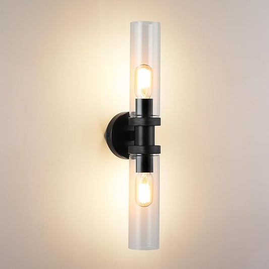 2 Light Vanity Light Side Mirror Farmhouse Bathroom Fixtures Black, E26 Wall Lamps for Bedroom, Industrial Lighting, Modern Lights With Glass Shade