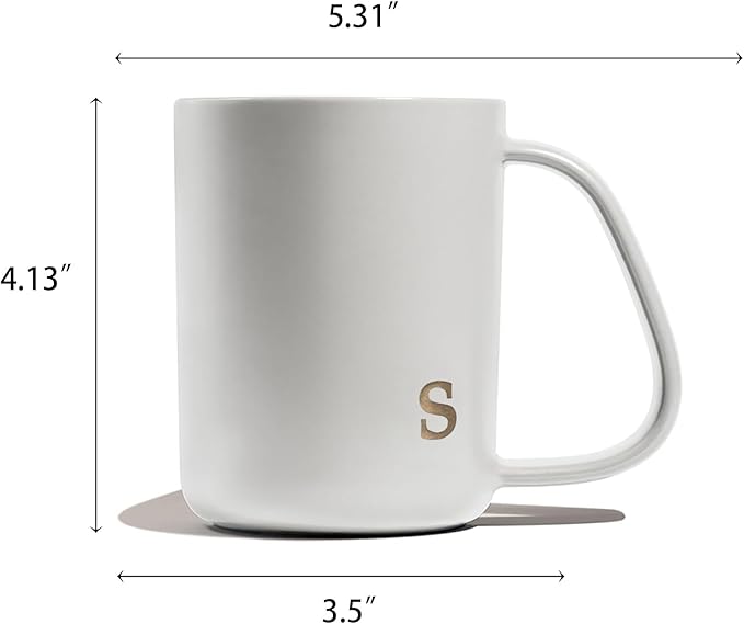 COLLECTIVE HOME - Ergonomic Handle Ceramic Mug, 15 oz Personalized Coffee Cup with Golden Initial, Microwave & Dishwasher Safe, Elegant Monogram Tea Mug in Gift Box for Home & Office (White-s)