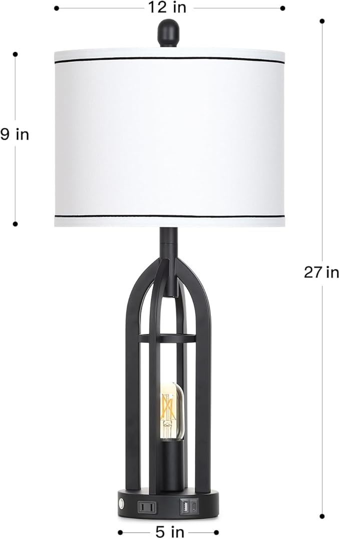 27" Tall Vintage Table Lamp with USB C+A & Outlet,Black Industrial End Table Lamp for Living Room,Farmhouse Rustic Bedside Lamps with Night Light for Bedroom Nightstand,Black(2 LED Bulbs Included)