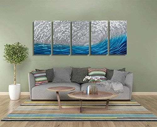 Yihui Arts Metal Wall Art - Silver Sea Waves 3D Sculpture, 5 Piece Hand Crafted Aluminum Coastal Artwork for Large Abstract Living Room, Bedroom, Bathroom Decor - Blue
