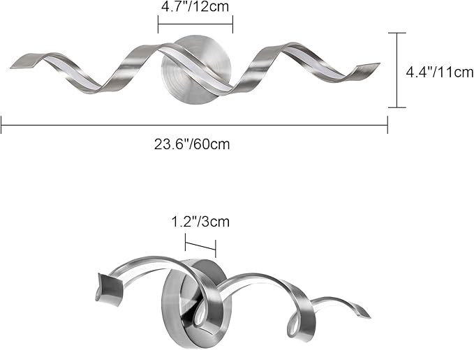 Dimmable Modern LED Bathroom Vanity Light, 24 inch Spiral Design Brushed Nickel Bathroom Light Fixtures Over Mirror, Bath Wall Sconces Lighting for Living Room Bedroom 3000K