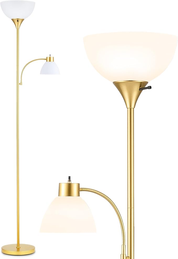 VONLUCE Torchiere Floor Lamp, 71" Standing Lamp with Adjustable Reading Lights & 2 Bulbs, 3 Color Temperatures Modern Tall Pole Lamp for Living Room Bedroom Corner, Gold