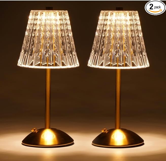 Cordless Touch Table Lamp, 3500mAh LED Rechargeable Small Dask Lamp, 3 Colors Dimmable Battery Operated Crysta Lamp for Bedroom Restaurant Kitchen Home Decor, Gold, 2pcs