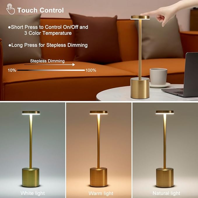 2 Pack LED Cordless Table Lamp, Portable 5000mAh Rechargeable Bedside Lamp, Touch Control Outdoor Table Lamps, 3 Color Dimmable Battery Operated Lamps for Restaurant/ Patio/ Bedroom/ Outdoor - Gold