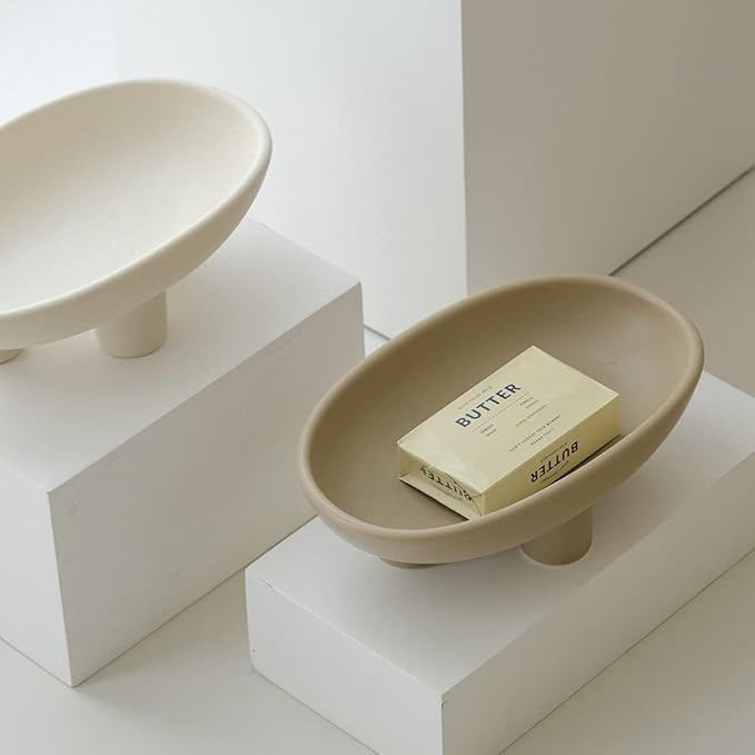 WENSHUO Three-Legs Ceramic Fruit Bowl for Kitchen Counter, Decorative Bowl for Table Décor, 10-inch Oval Large Bowls for Breads (Coconut Café)