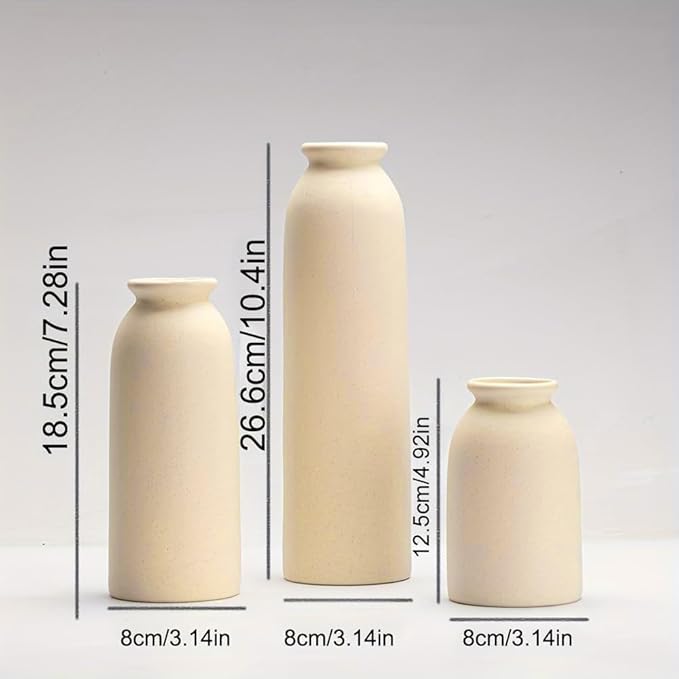 10.4 inches Tall Decorative Ceramic Vase Set, 3 Pieces, Nordic Modern Boho Style, White, for Home Decor (Beige)