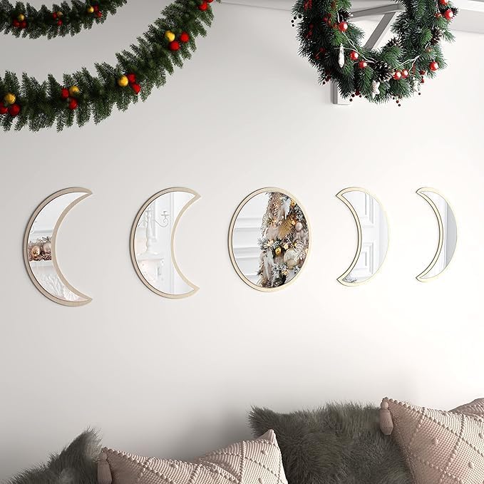 Stylish Moon Phase Wall Mirrors Set – 5-Piece Decorative Acrylic Bohemian Mirrors for Home Decor, Living Room & Bedroom Room(RAW)