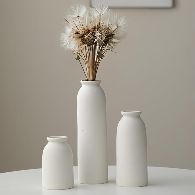 10.6 inches Tall Decorative Ceramic Vase Set, 3 Pieces, Nordic Modern Boho Style, White, for Home Decor (White)