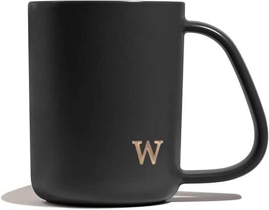 COLLECTIVE HOME - Ergonomic Handle Ceramic Mug, 15 oz Personalized Coffee Cup with Golden Initial, Microwave & Dishwasher Safe, Elegant Monogram Tea Mug in Gift Box for Home & Office (Black-w)