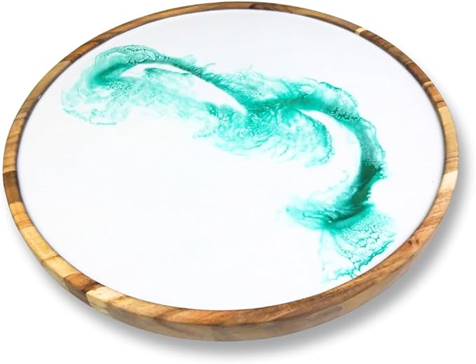 Handmade Acacia Wood Round Serving Tray with Epoxy Resin Art | Perfect for Charcuterie, Serving Platters & Appetizers 15.7 x 15.7 Inches
