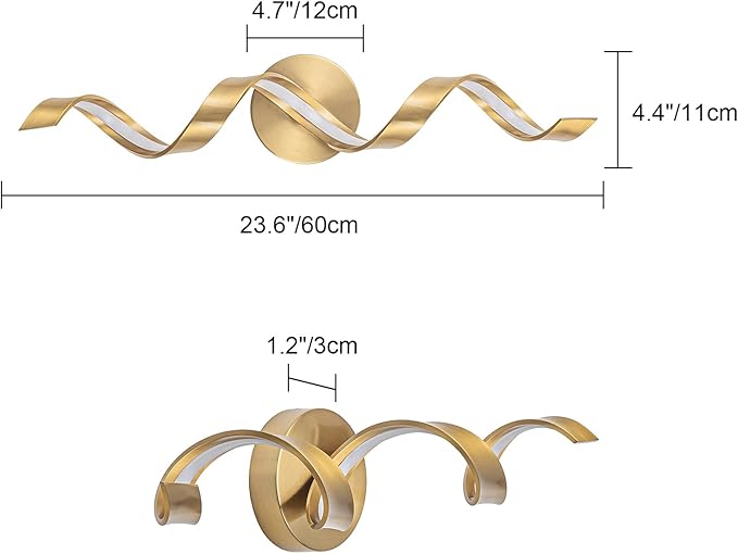 Dimmable Gold Bathroom Light Fixtures, 24 inch Spiral Design Modern LED Bathroom Vanity Lights Over Mirror, 15W Wall Light Fixtures for Living Room 3000K Warm Light