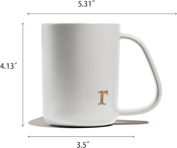 COLLECTIVE HOME - Ergonomic Handle Ceramic Mug, 15 oz Personalized Coffee Cup with Golden Initial, Microwave & Dishwasher Safe, Elegant Monogram Tea Mug in Gift Box for Home & Office (White-r)