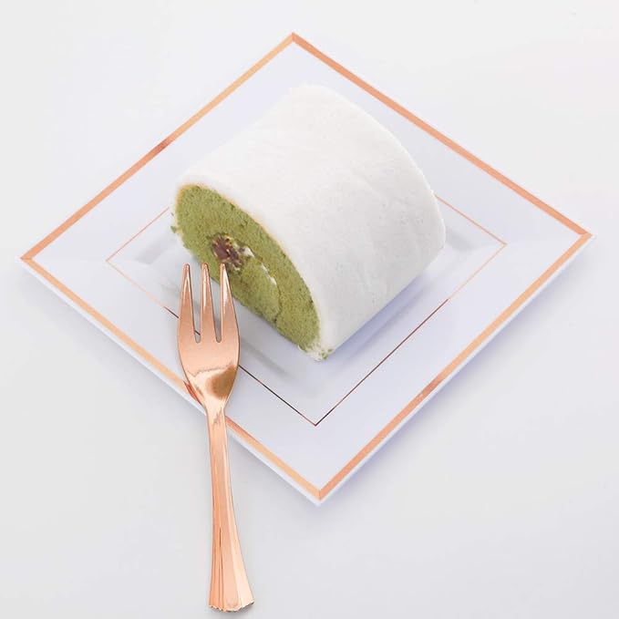 WDF 86pcs Rose Gold Dessert Plates 6" with 86 Pieces Disposable Forks 5", Elegant Square Appetizer Small Plastic Plates for Mother's Day, Wedding