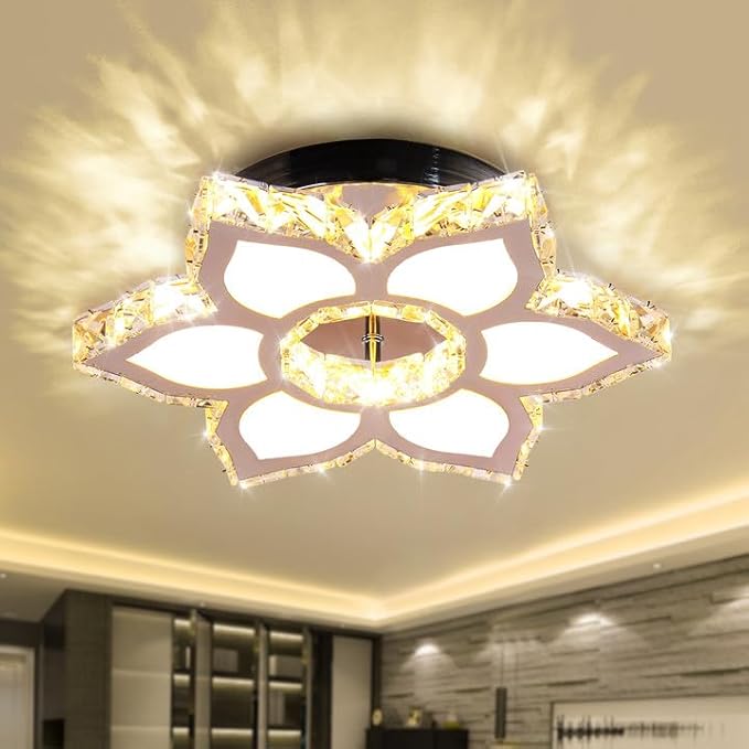 FRIXCHUR Chandelier LED Crystal Ceiling Light 13.4" Flower Shape Chandeliers Flush Mount Ceiling Light Modern Chandelier Lighting for Hallway Bedroom Dining Room Kitchen (Warm White)