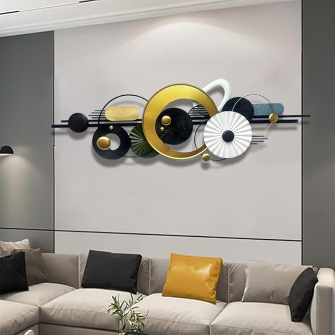 Modern Abstract Metal Wall Art,Large 59×20 Inches Wall Decor, Geometric Circles Design Wall Sculptures, Gold Black White, Wall Decoration for Living Room Bathroom Bedroom Dining Room