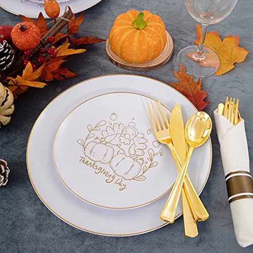 YOUBET 125PCS Thanksgiving Plastic Plates - Fall Plastic Plates with Gold Rim & Gold Silverware include 25Dinner Plate, 25Salad Plate, 25Knives, 25Forks, 25Spoons for Thanksgiving Party