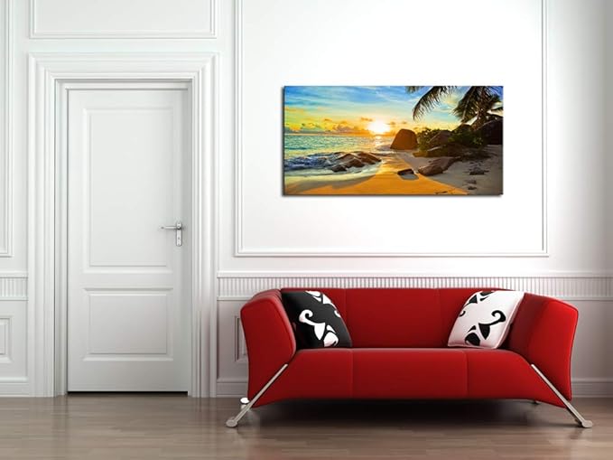 XXMWallArt FC1375 Canvas Wall Art Tropical Beach At Sunset Seascape Picture Paintings Artwork Prints Framed Ready to Hang for Home Office Bedroom Living Room Bathroom Kitchen Wall Decor