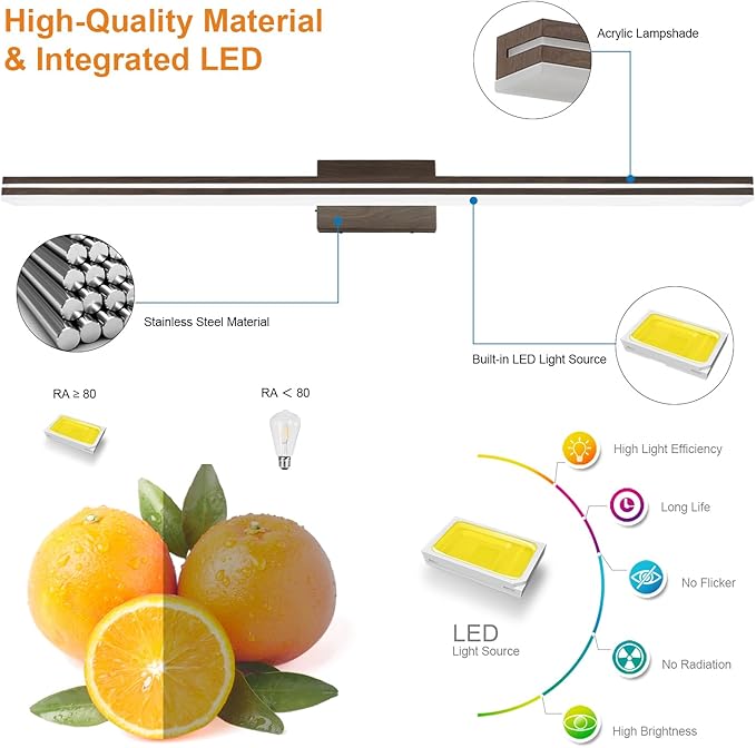 SineRise LED Modern Bathroom Vanity Light Fixtures (48-Inch, 3000K/4000K/6000K, Dimmable), Brown Wood Painted Modern Acrylic Bathroom Wall Lighting Fixtures Over Mirror