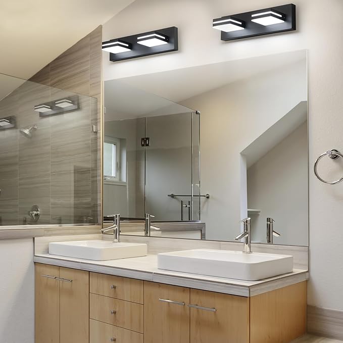 SineRise LED Modern Bathroom Vanity Light Fixtures (2-Light, 15.5-Inch, Dimmable), Matte Black Modern Acrylic Bathroom Wall Lighting Fixtures Over Mirror (Cool White 6000K)