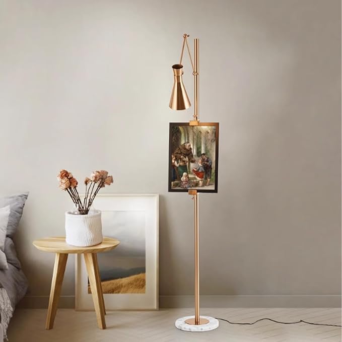 Metal Floor Lamp with Easel, Adjustable 360° Swing-Arm Standing Lamps, 67in Tall Lamp with Marble Base for Living Room, Painting Rooms, Bedroom, Offices, Courtyards, Gold