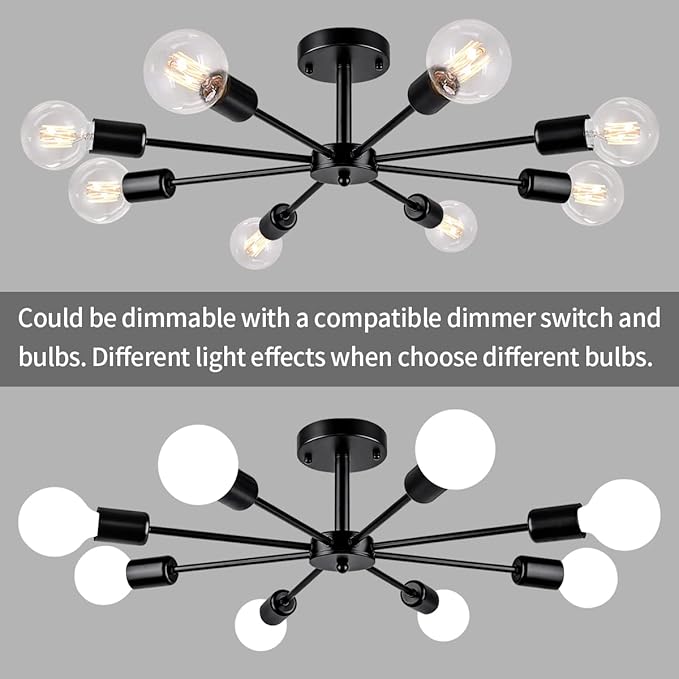23.62'' Semi Flush Mount Ceiling Light, 8-Lights Modern Chandelier Black Living Room Light, Sputnik Light Fixtures Chandelier for Bedroom Kitchen Study Office