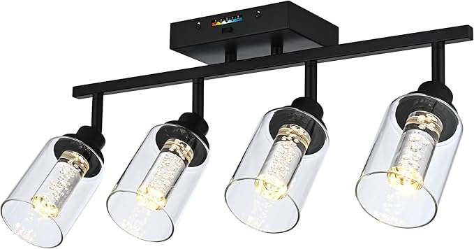 MELUCEE LED Track Lighting Fixtures Ceiling 4-Light Black Semi Flush Mount Ceiling Light Bathroom Wall Light with Flexibly Rotatable Light Heads, Built-in LED Chips, 5-Color Temperature Adjustable
