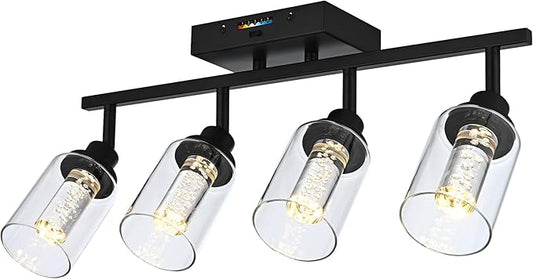 MELUCEE LED Track Lighting Fixtures Ceiling 4-Light Black Semi Flush Mount Ceiling Light Bathroom Wall Light with Flexibly Rotatable Light Heads, Built-in LED Chips, 5-Color Temperature Adjustable