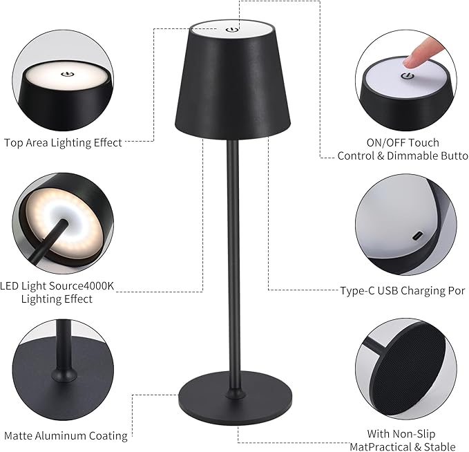 Cordless Table Lamps USB Rechargeable Lamp Simplicity Desk Lamp Built-in 4600 mAh Battery LED Battery Operated lamp with Touch Control Table lamp - Bedroom/Desk/Reading/Patio(2Pcs-Black)