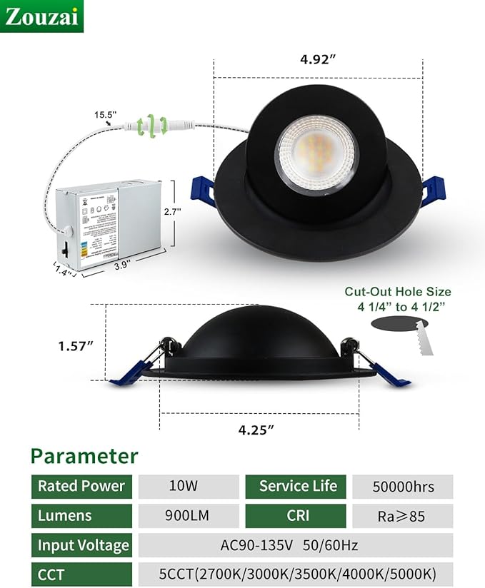 zouzai 6 Pack 4 inch Black 5CCT LED Gimbal Led Recessed Light with Junction Box, 360ยฐ+90ยฐ Adjustable Directional Eyeball Lighting, Dimmable, 2700K/3000K/3500K/4000K/5000K,10W=85W-ETL&Energy Star
