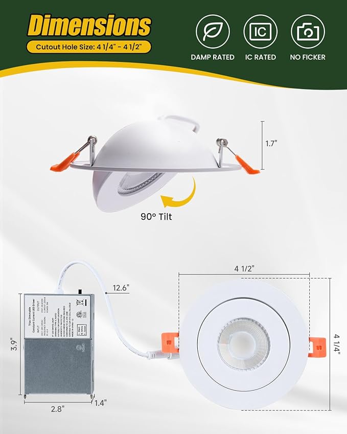 ZYC Gimbal LED Recessed Lighting - 4 Inch 5CCT 9W 360° Rotation Adjustable Eyeball Light,LED Swivel Spotlight,Directional Sloped Ceiling Light,Dimmable Canless Wafer Downlight Pack of 6 Black.