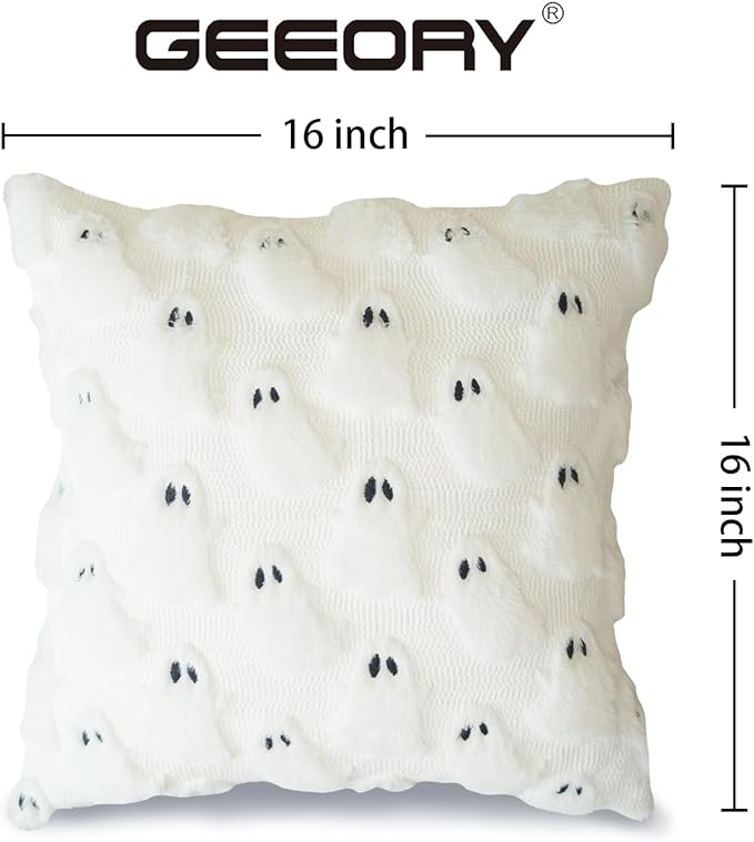 GEEORY Halloween Ghost Soft Plush Pillow Covers, 16 x 16 Inch Set of 2, Fluffy Faux Fur Wool Decorative Farmhouse Cushion Case for Sofa Home Decoration White GC026-16